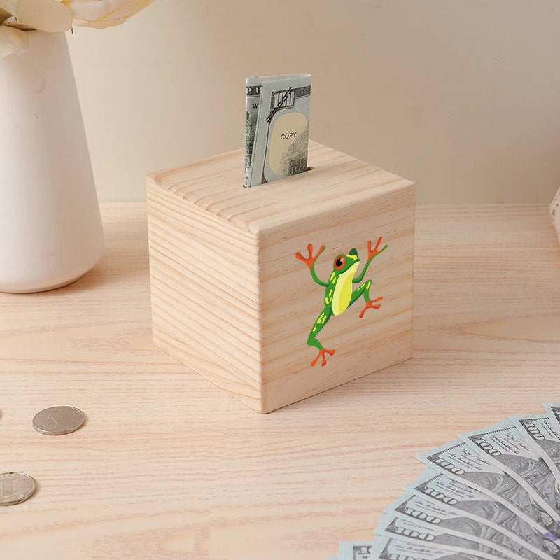 Tirelire rainette grimpante, cube de pin naturel