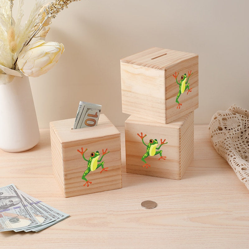 Tirelire rainette grimpante, cube de pin naturel