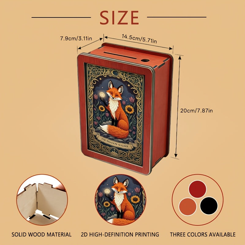 Tirelire renard en bois debout 20 cm, façade encadrée dorée