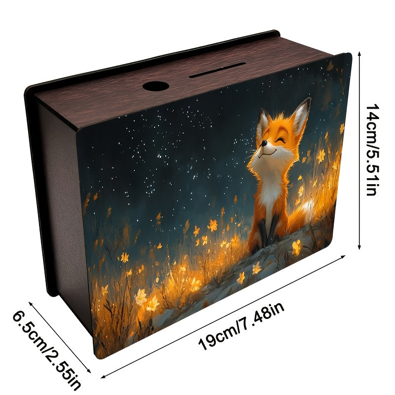 Tirelire renard en bois, champ de fleurs d'or sous les étoiles