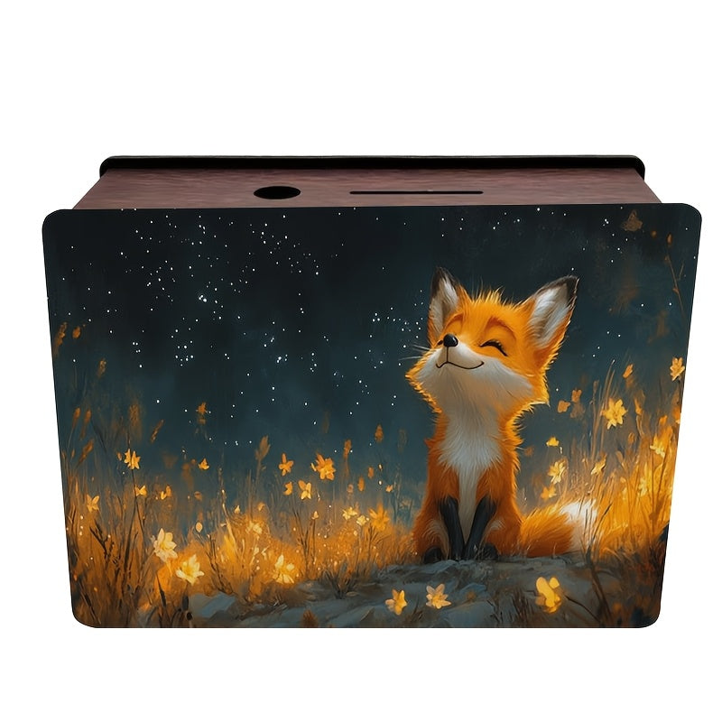 Tirelire renard en bois, champ de fleurs d'or sous les étoiles