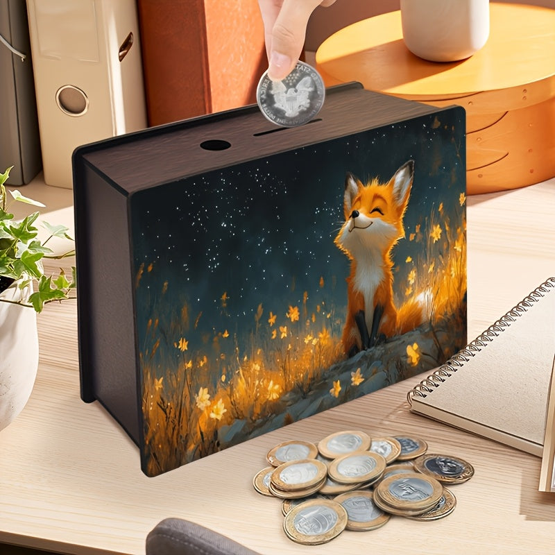Tirelire renard en bois, champ de fleurs d'or sous les étoiles