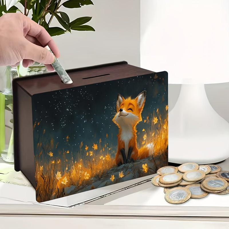 Tirelire renard en bois, champ de fleurs d'or sous les étoiles