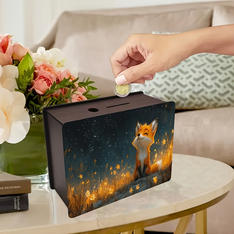 Tirelire renard en bois, champ de fleurs d'or sous les étoiles