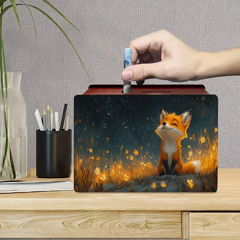 Tirelire renard en bois, champ de fleurs d'or sous les étoiles