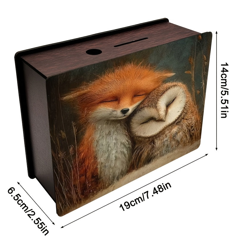 Tirelire renard et chouette effraie, bois à peinture patinée