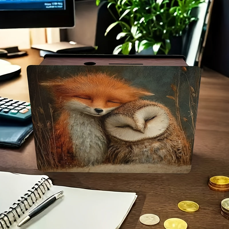 Tirelire renard et chouette effraie, bois à peinture patinée