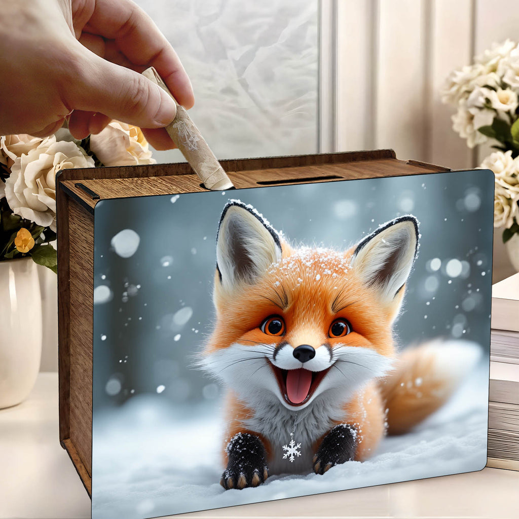 Tirelire renardeau rieur sous la neige, coffret bois miel