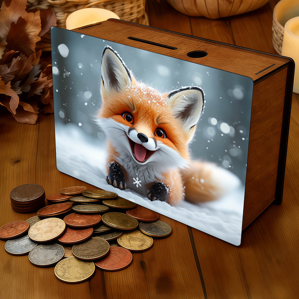Tirelire renardeau rieur sous la neige, coffret bois miel