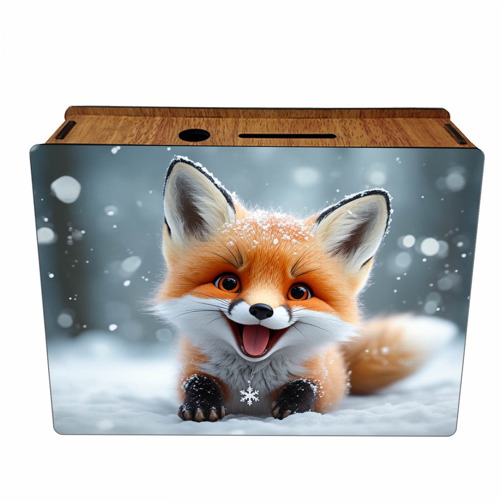 Tirelire renardeau rieur sous la neige, coffret bois miel