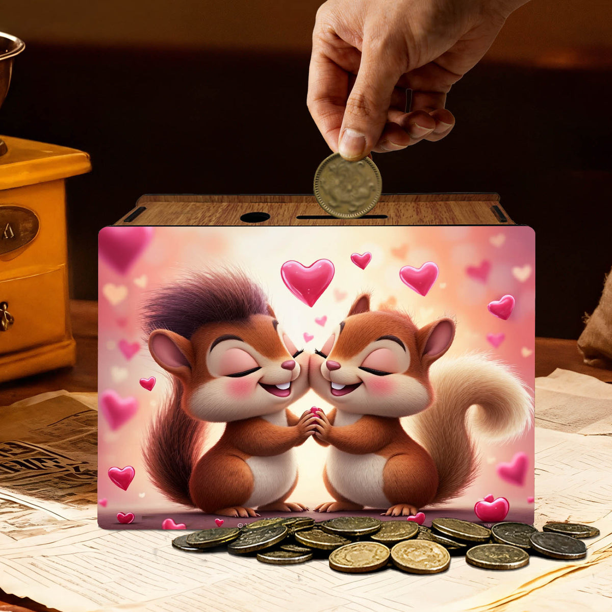 Tirelire écureuils amoureux, coffret bois