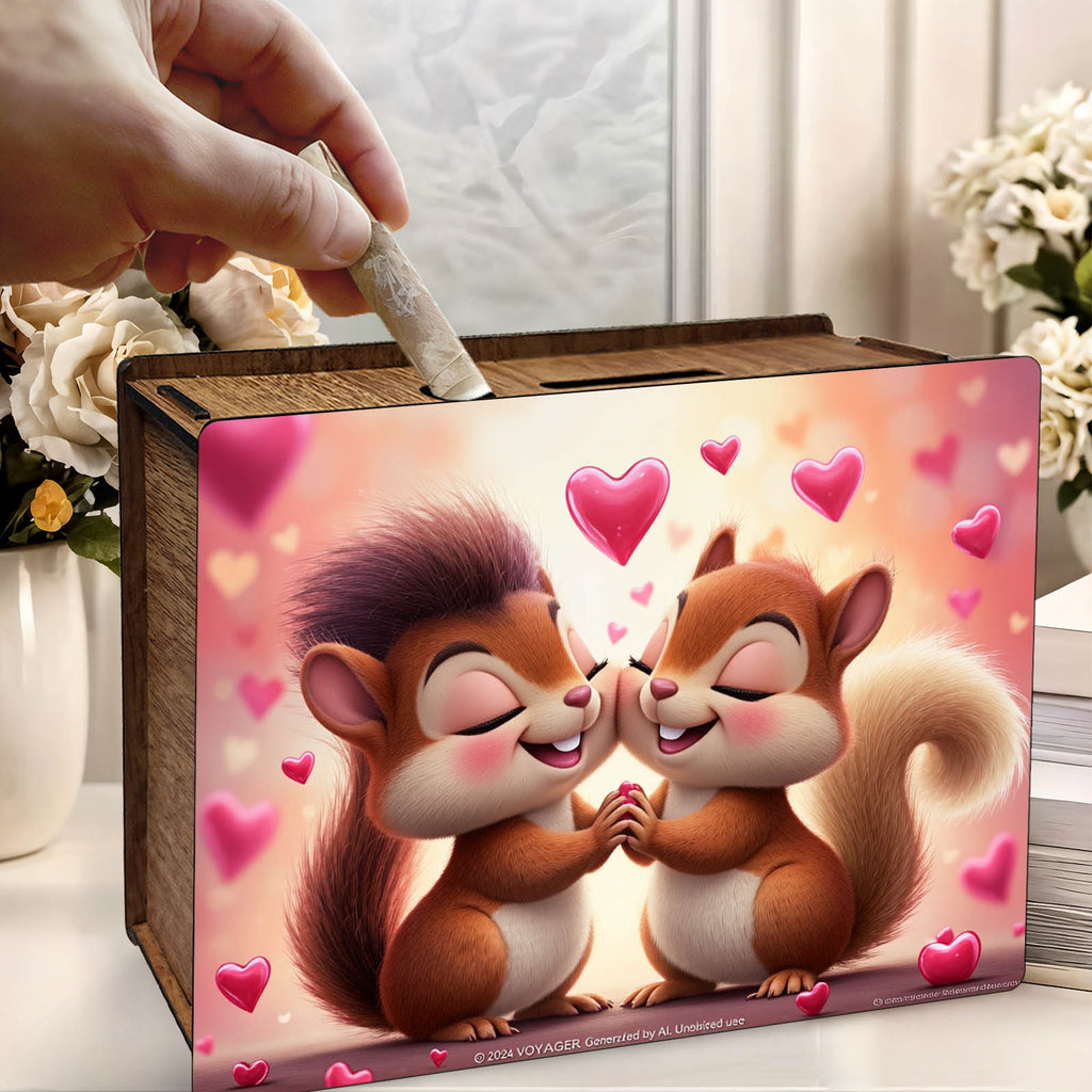 Tirelire écureuils amoureux, coffret bois