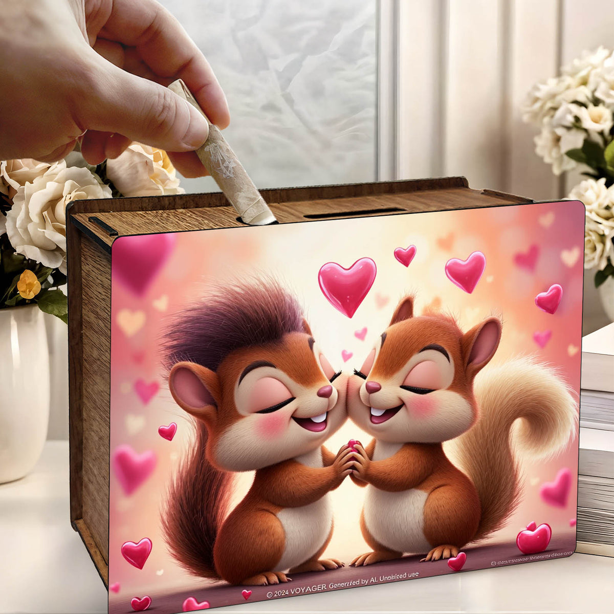 Tirelire écureuils amoureux, coffret bois