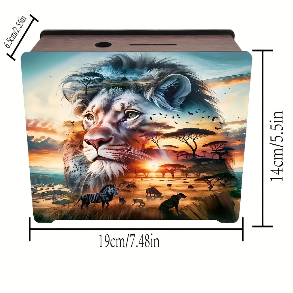 Tirelire savane et lion en bois — boîte à pièces déco 19 cm