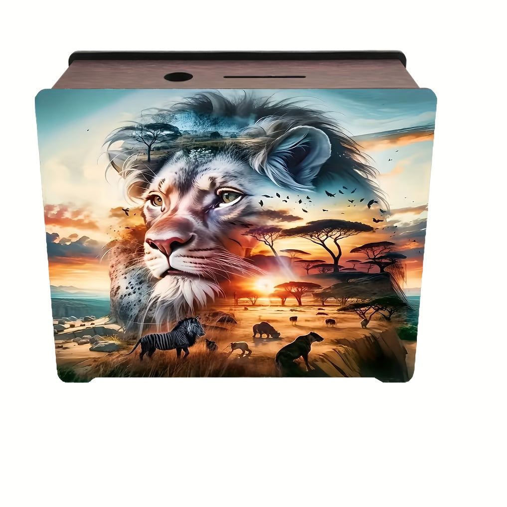 Tirelire savane et lion en bois — boîte à pièces déco 19 cm