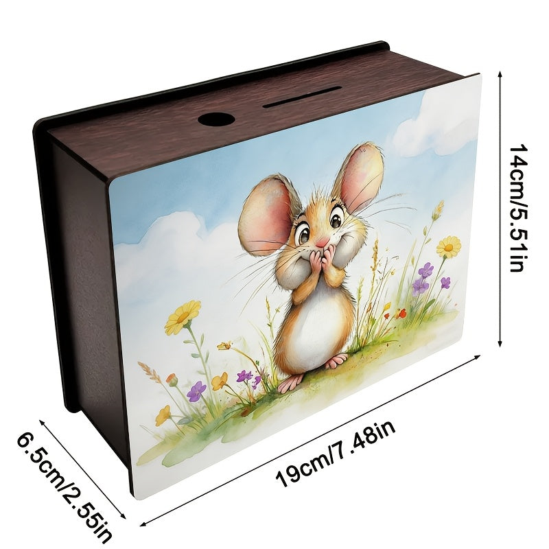 Tirelire souris en bois teinté, aquarelle d'un pré fleuri