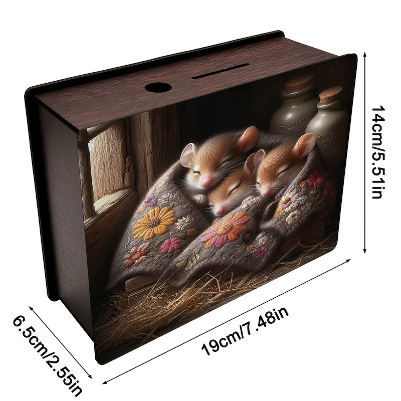 Tirelire souris en bois, trois souris endormies au nid