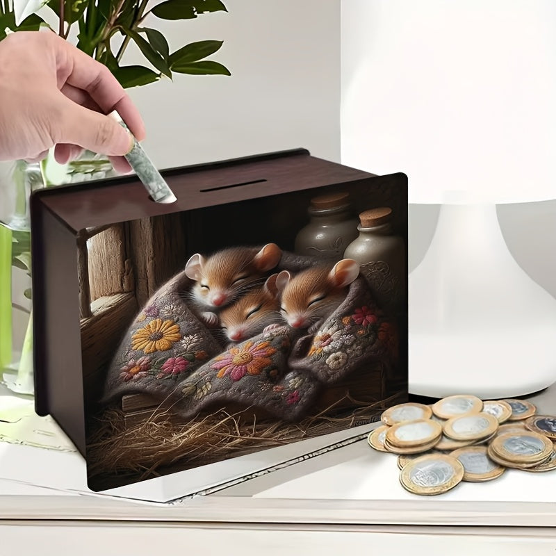 Tirelire souris en bois, trois souris endormies au nid