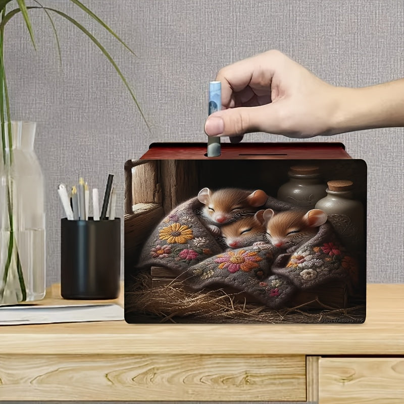Tirelire souris en bois, trois souris endormies au nid
