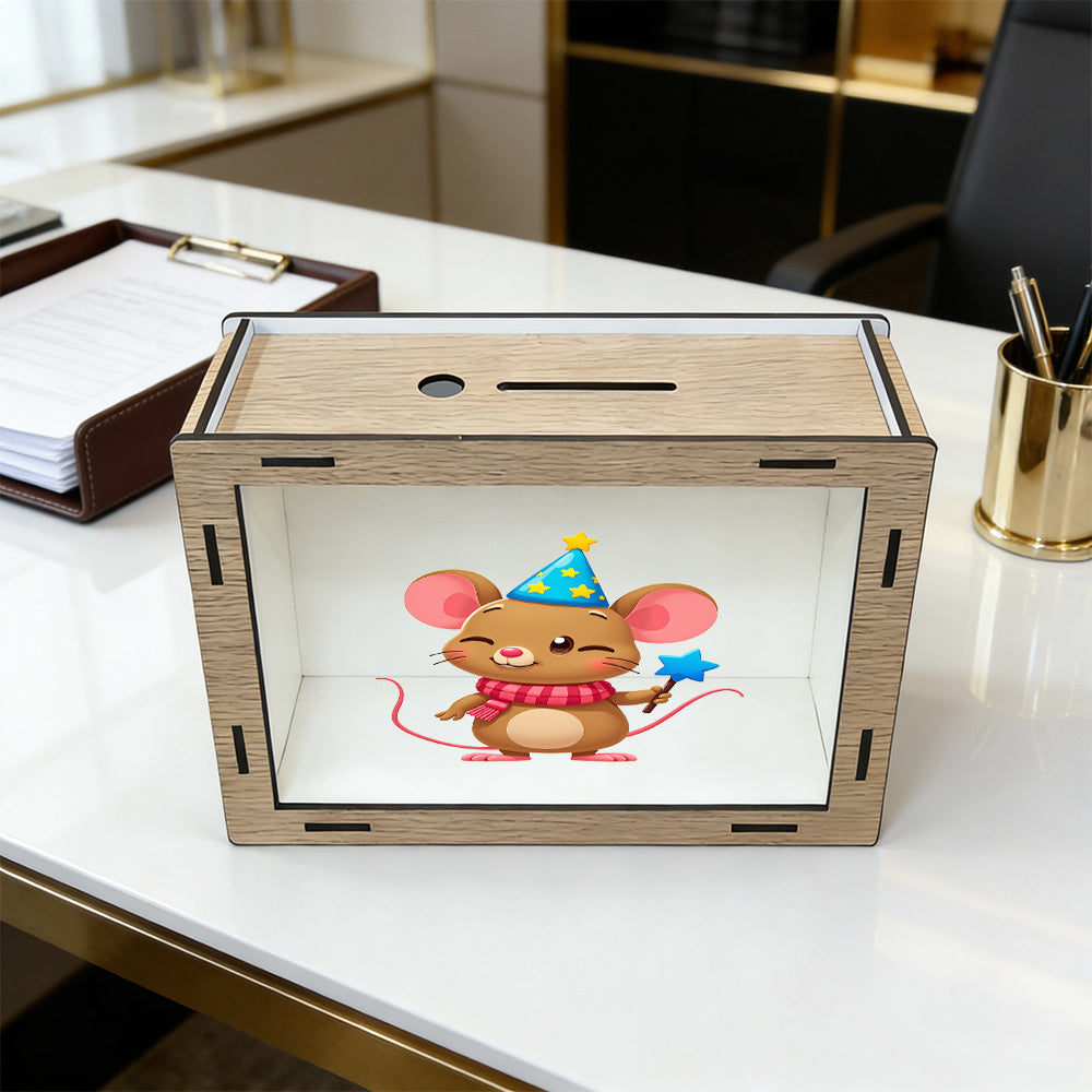 Tirelire souris à chapeau de fête en bois et vitre acrylique