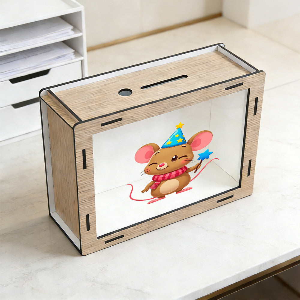 Tirelire souris à chapeau de fête en bois et vitre acrylique