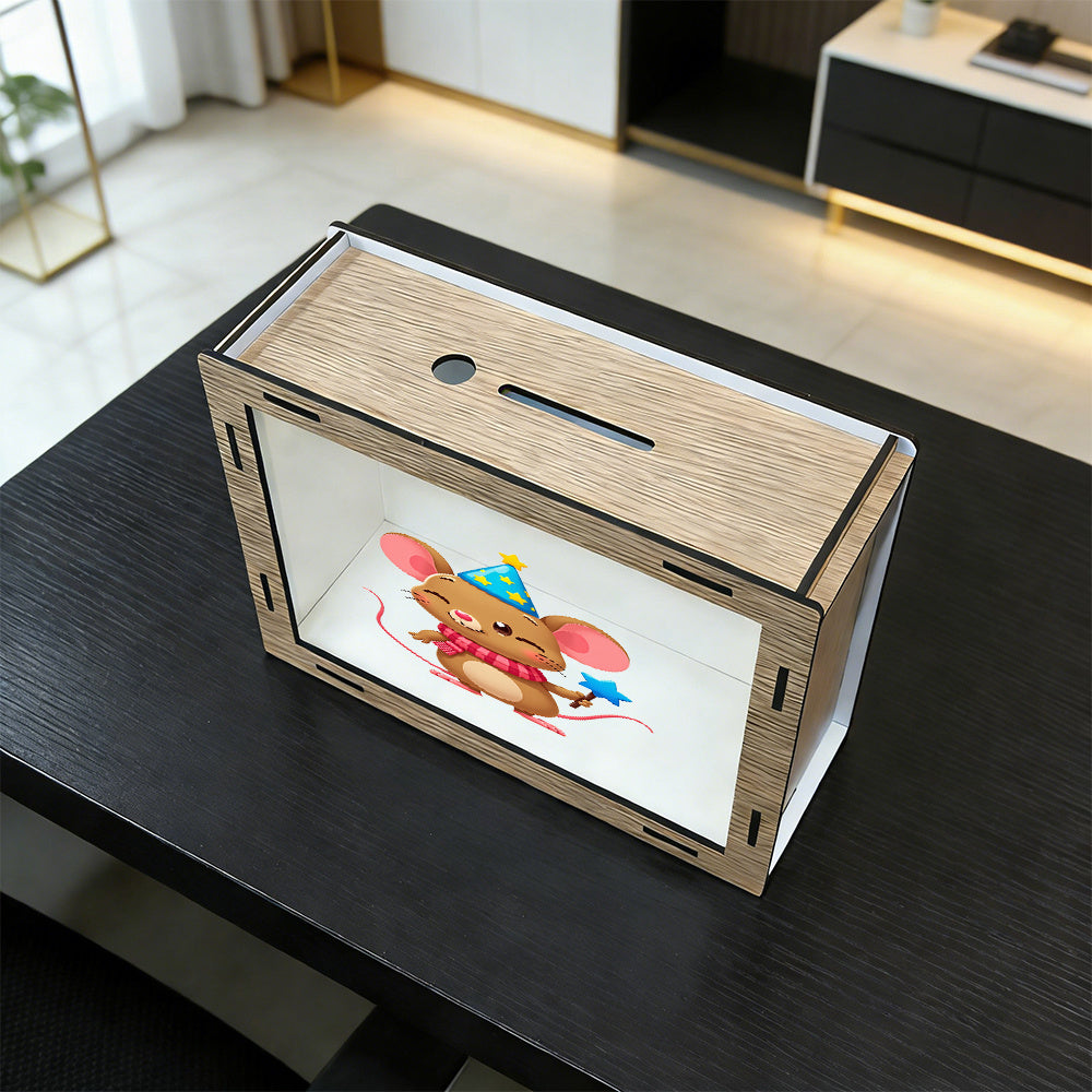 Tirelire souris à chapeau de fête en bois et vitre acrylique