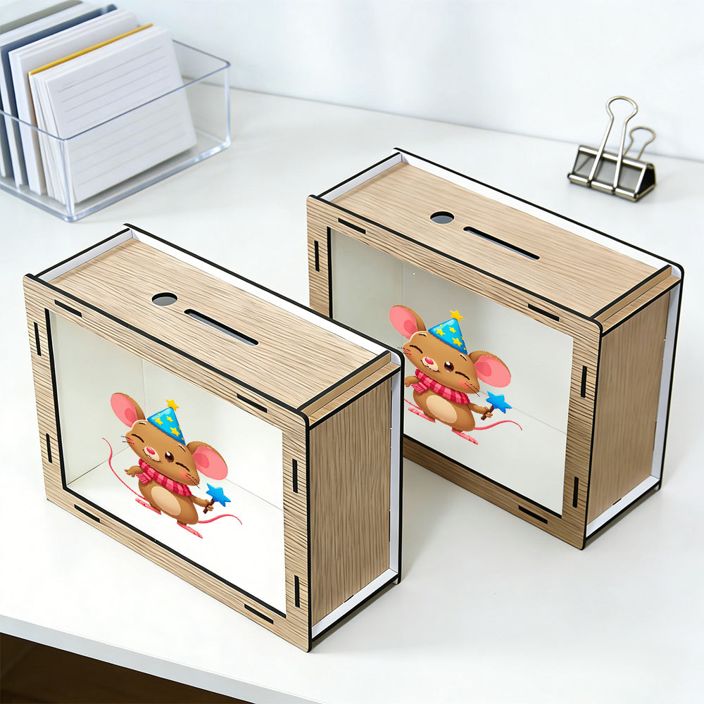 Tirelire souris à chapeau de fête en bois et vitre acrylique
