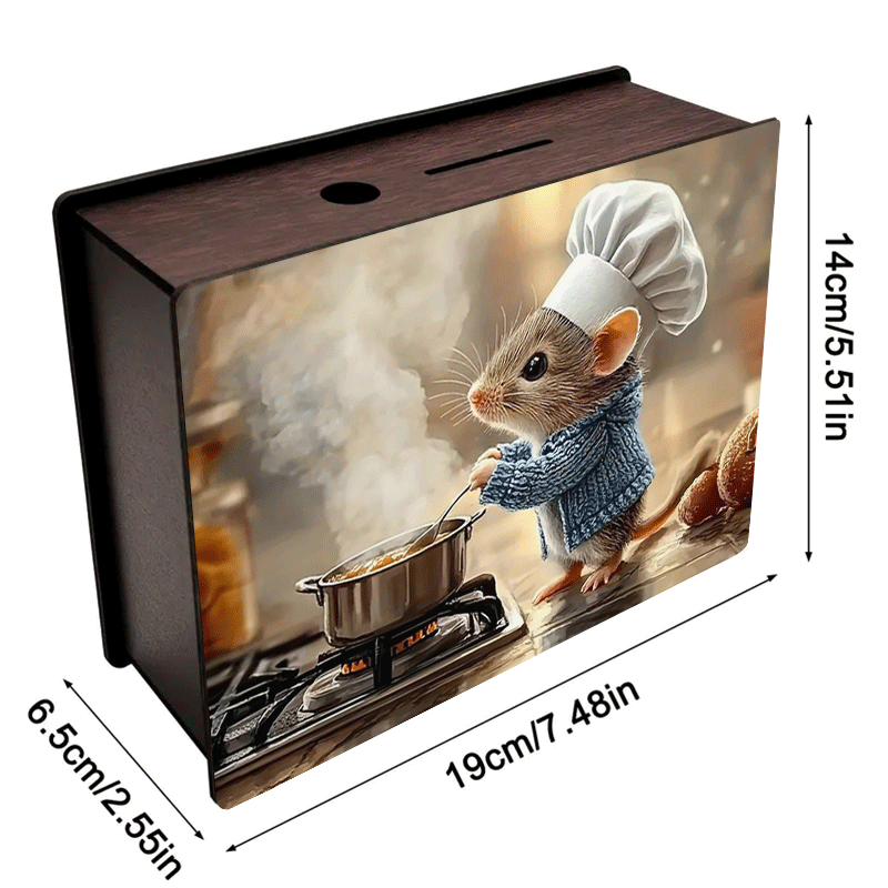 Tirelire souris cuisinière en bois, casserole sur le feu