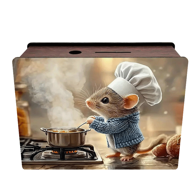 Tirelire souris cuisinière en bois, casserole sur le feu