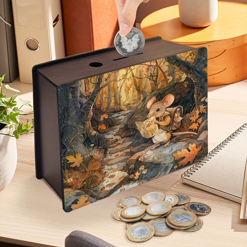 Tirelire souris exploratrice en bois, forêt d'automne