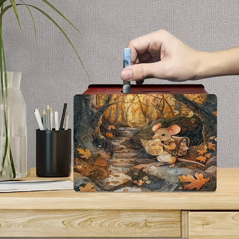Tirelire souris exploratrice en bois, forêt d'automne