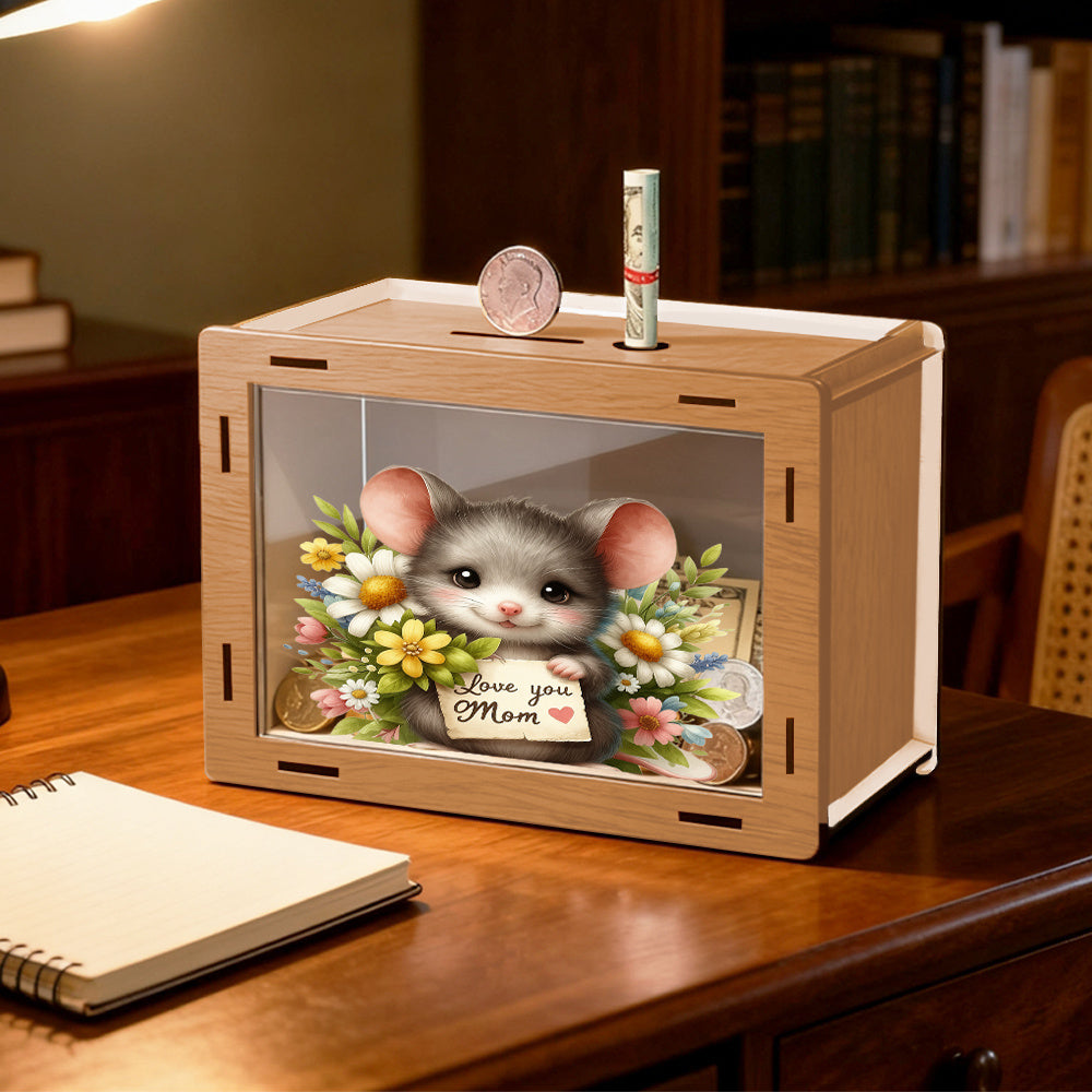 Tirelire souris fleurie en bois à vitre, message pour maman