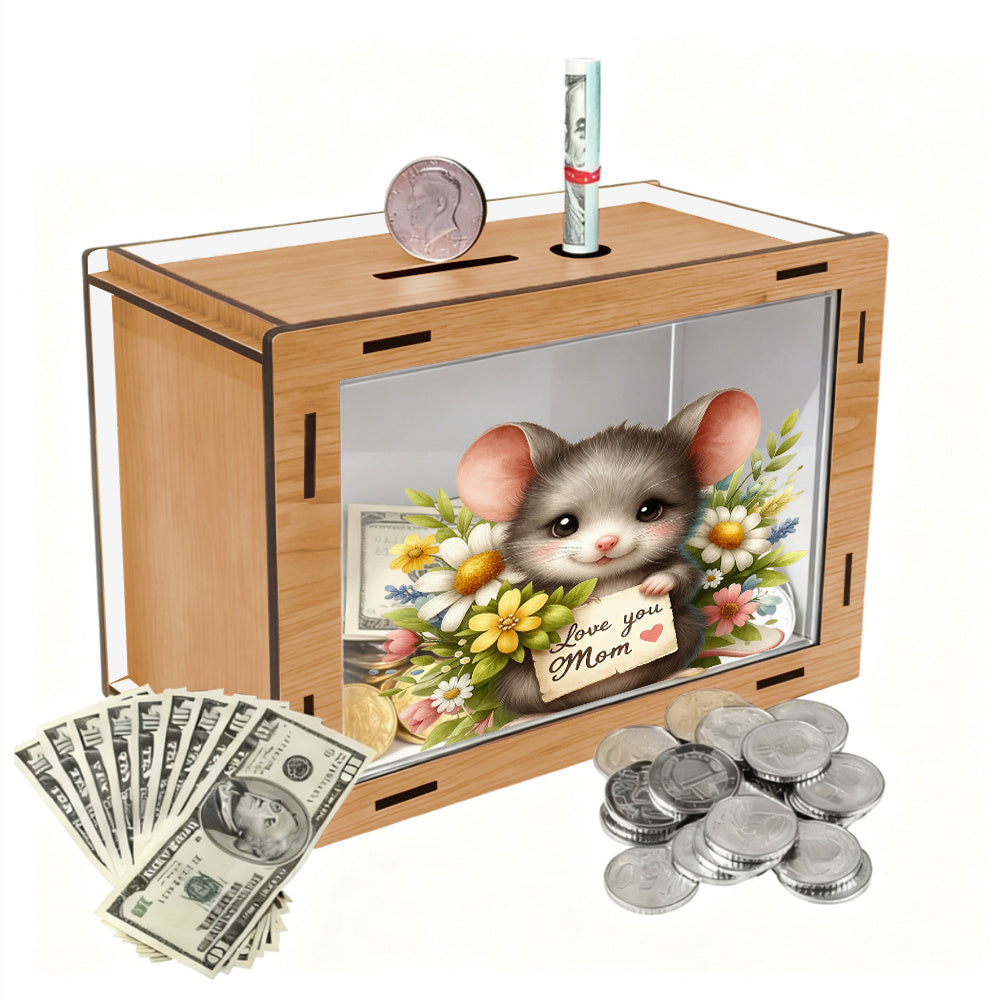 Tirelire souris fleurie en bois à vitre, message pour maman