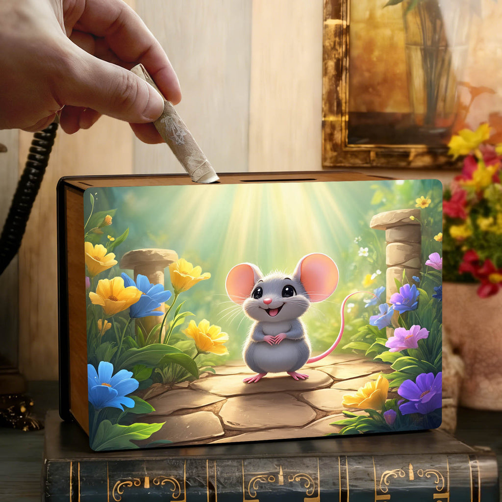 Tirelire souris en bois imprimé, décor jardin fleuri
