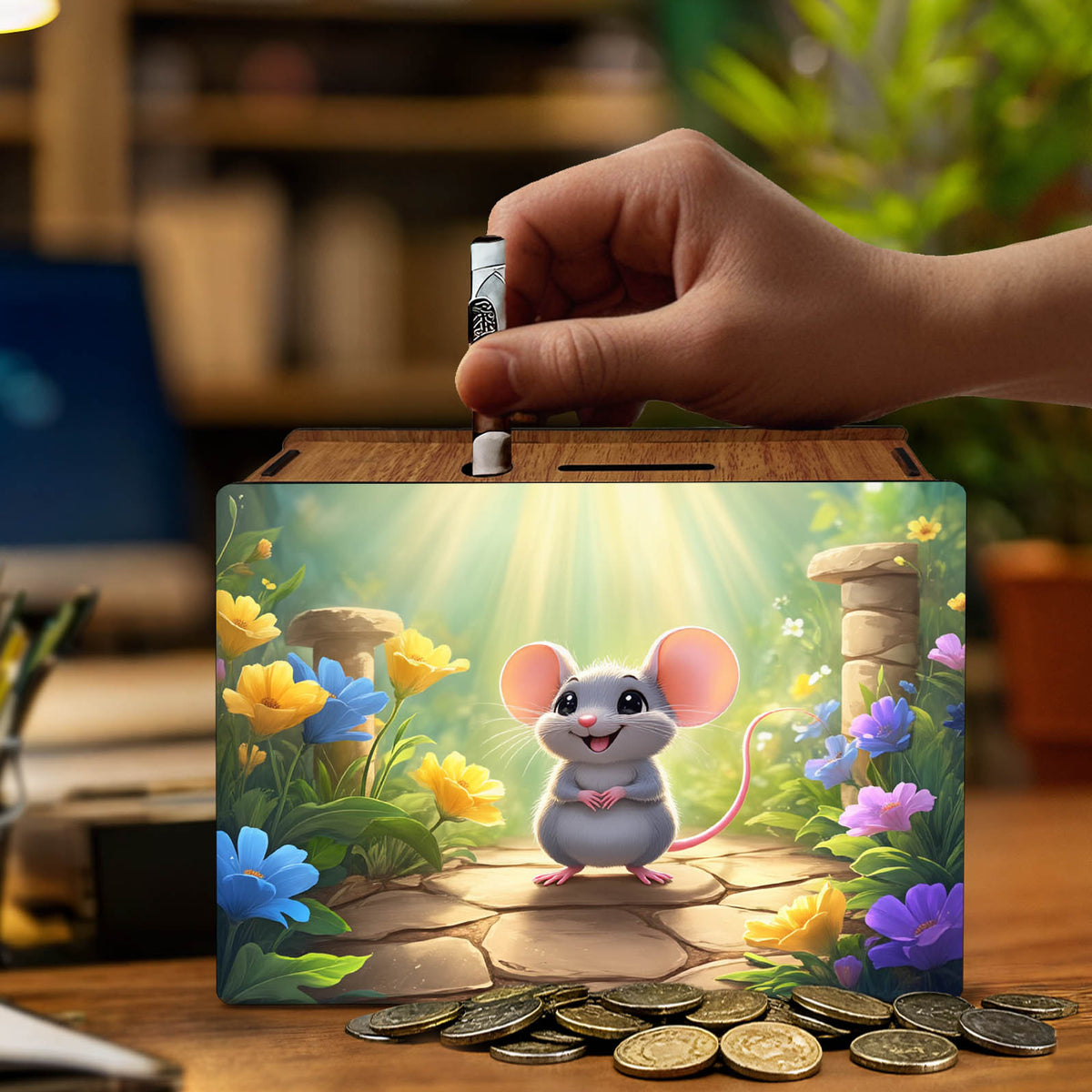 Tirelire souris en bois imprimé, décor jardin fleuri