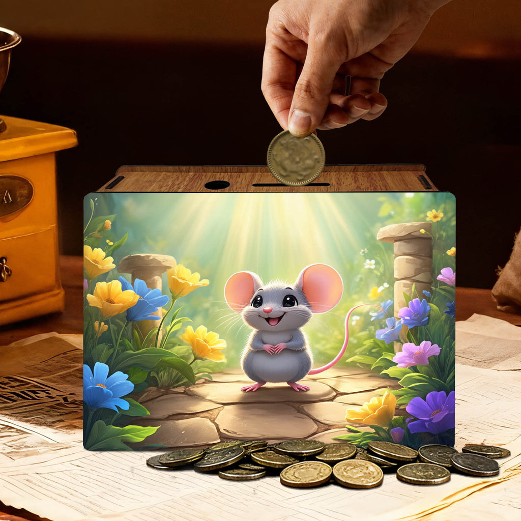 Tirelire souris en bois imprimé, décor jardin fleuri