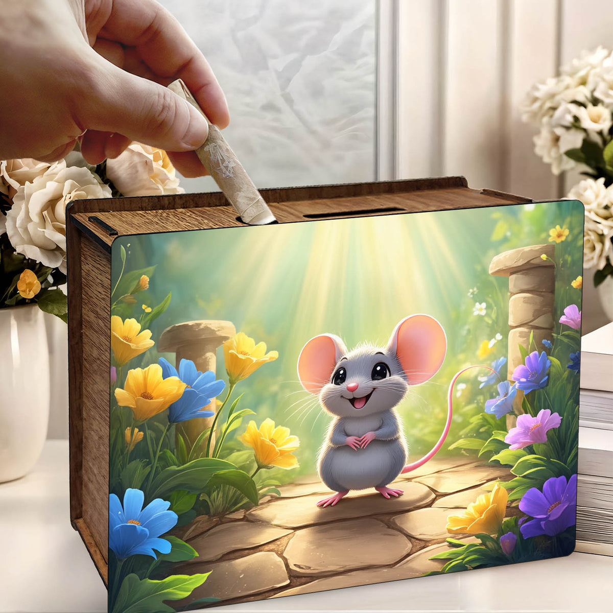Tirelire souris en bois imprimé, décor jardin fleuri
