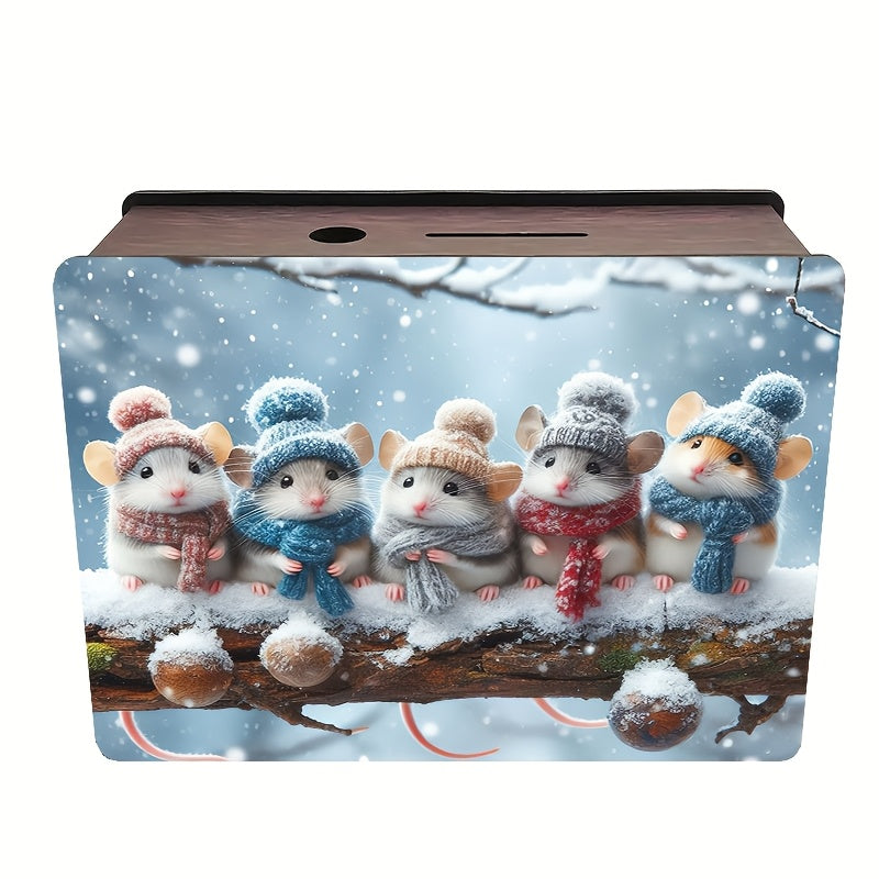 Tirelire souris d'hiver en bois, cinq bonnets sous la neige