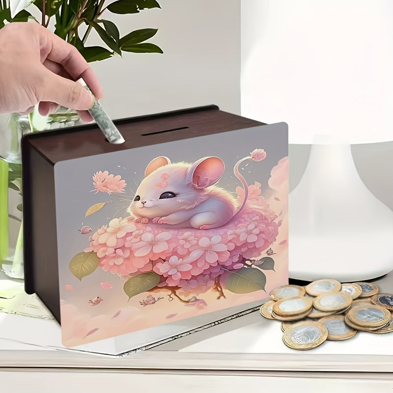 Tirelire souris sur hortensia, bois imprimé