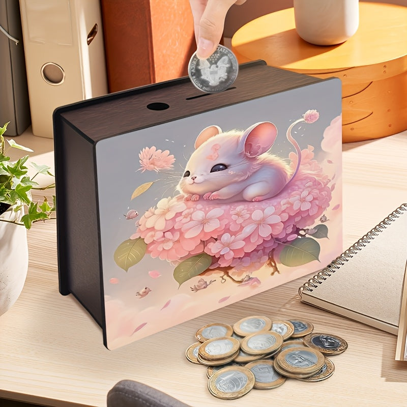 Tirelire souris sur hortensia, bois imprimé