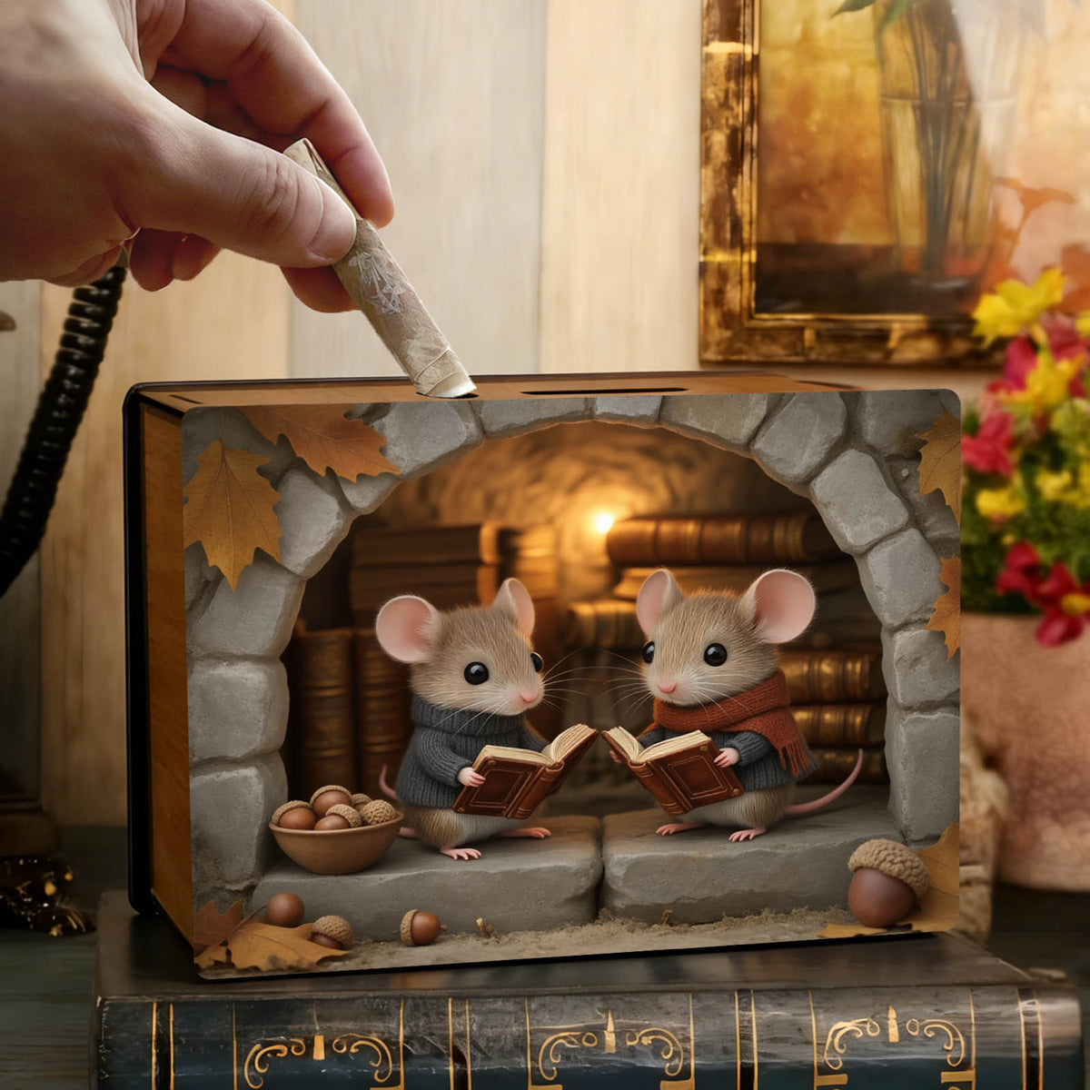 Tirelire souris en bois vintage, deux lecteurs sous 'arche