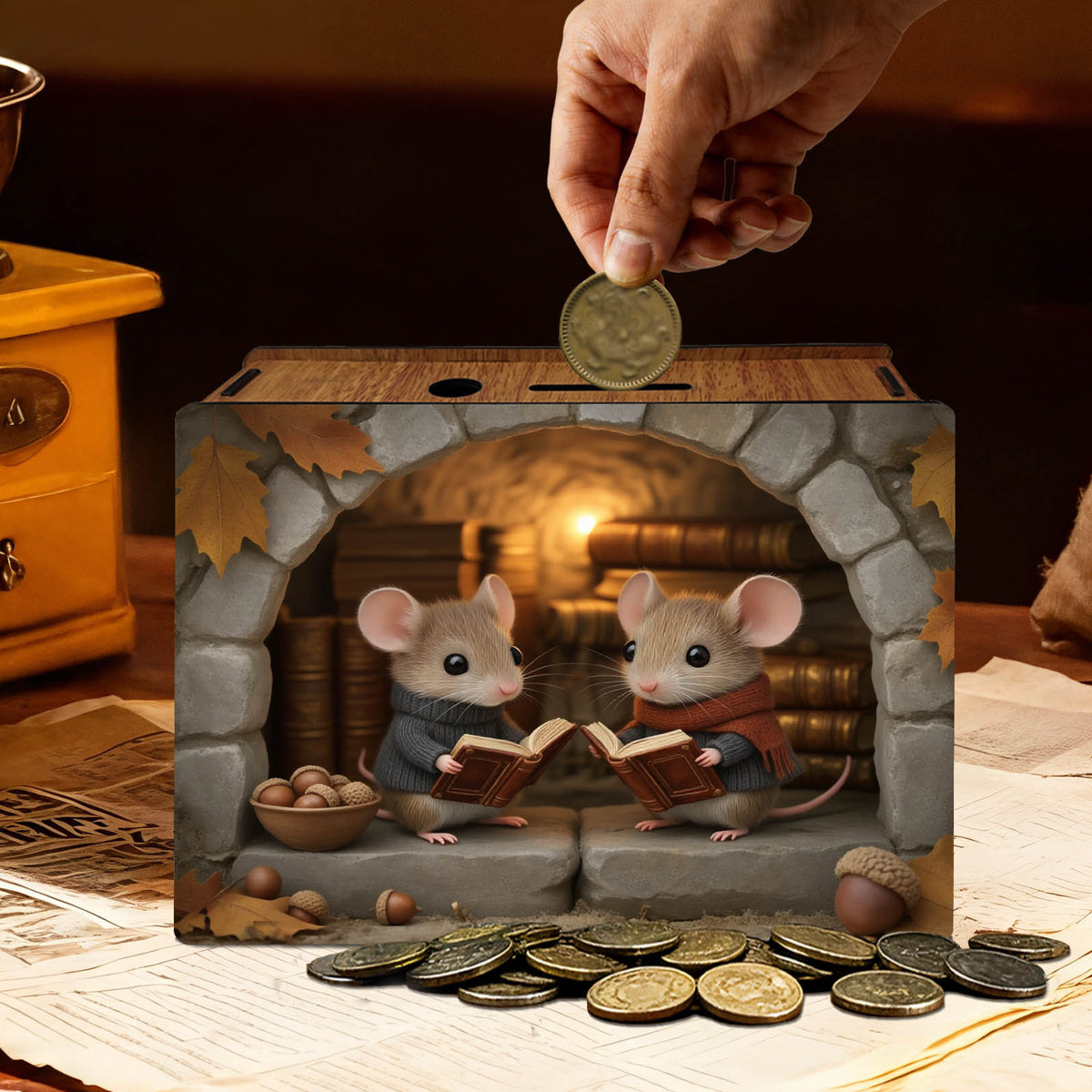 Tirelire souris en bois vintage, deux lecteurs sous 'arche