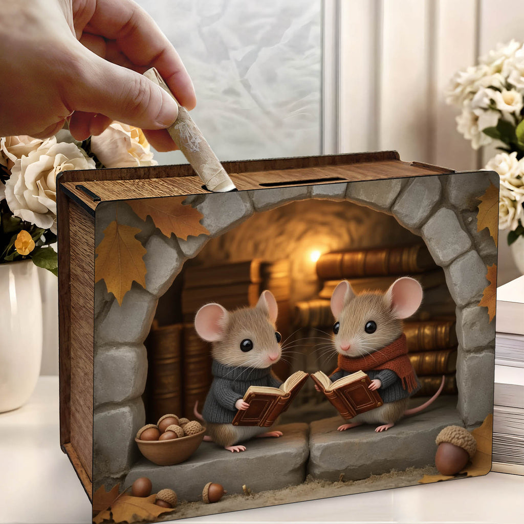 Tirelire souris en bois vintage, deux lecteurs sous 'arche