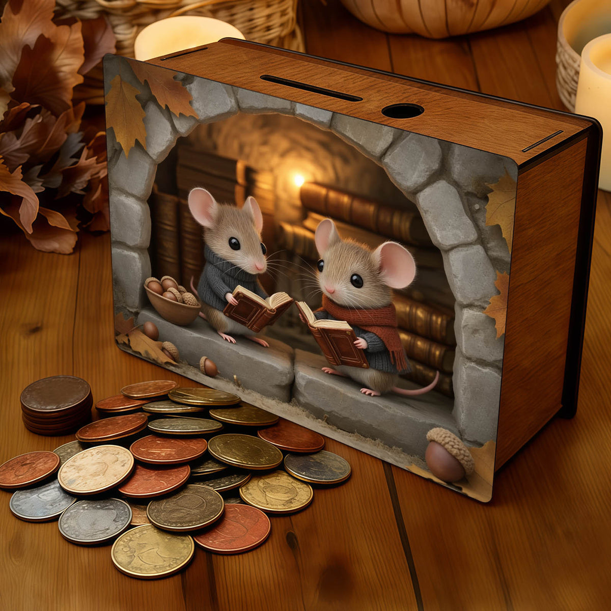 Tirelire souris en bois vintage, deux lecteurs sous 'arche