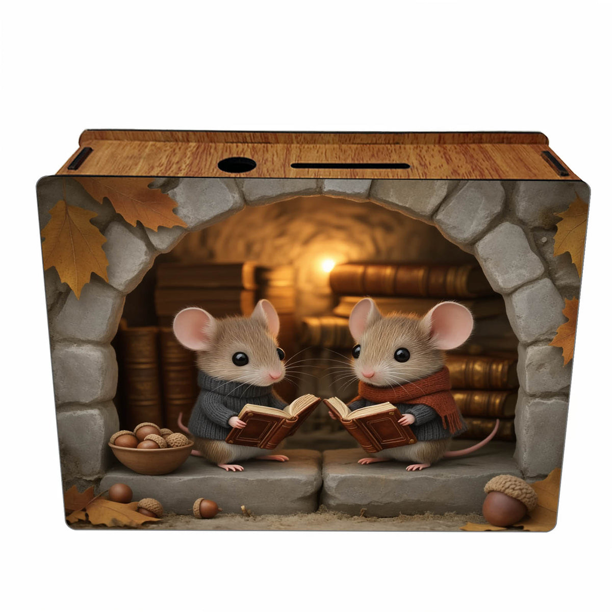 Tirelire souris en bois vintage, deux lecteurs sous 'arche