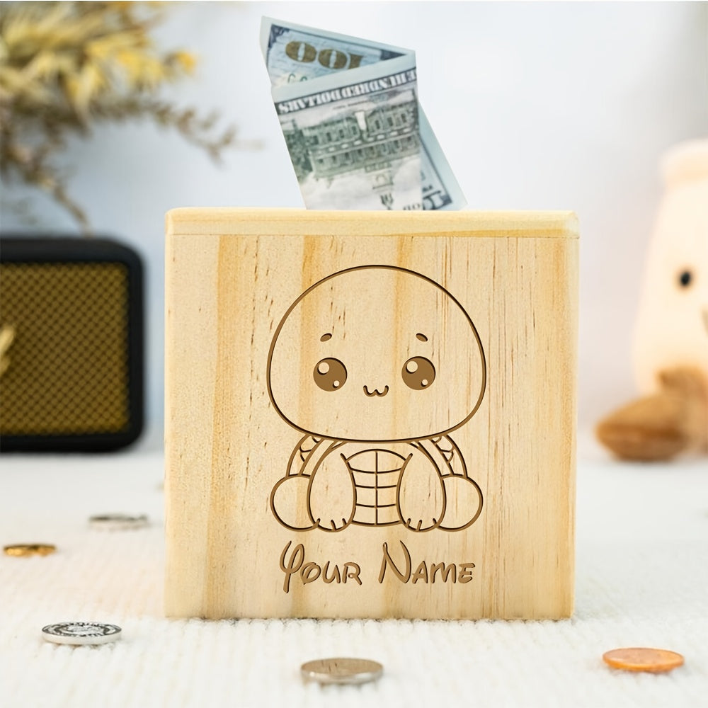 Tirelire tortue gravée au laser, bloc de bois