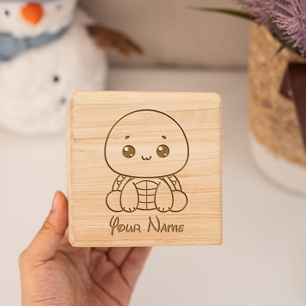 Tirelire tortue gravée au laser, bloc de bois