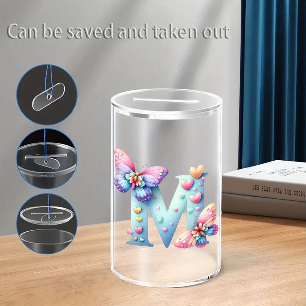 Tirelire transparente motif papillons et lettre