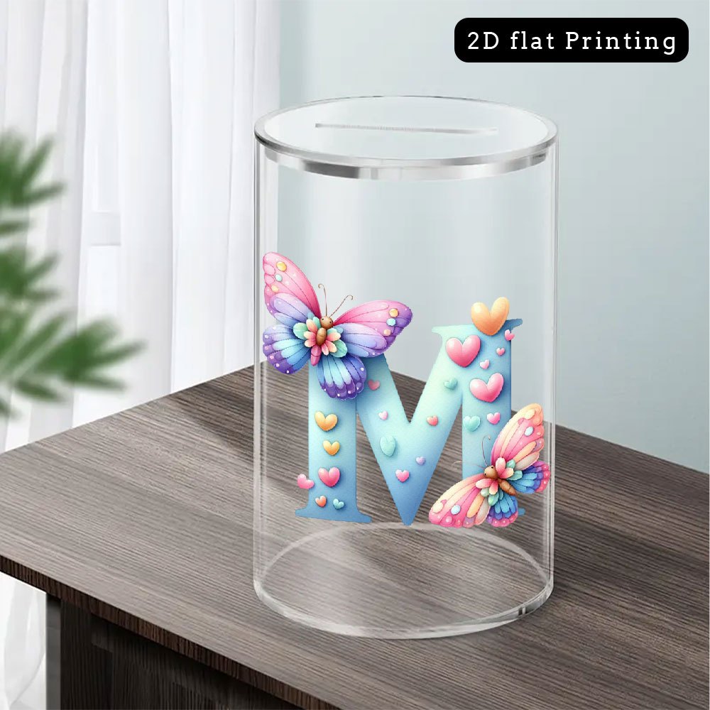 Tirelire transparente motif papillons et lettre