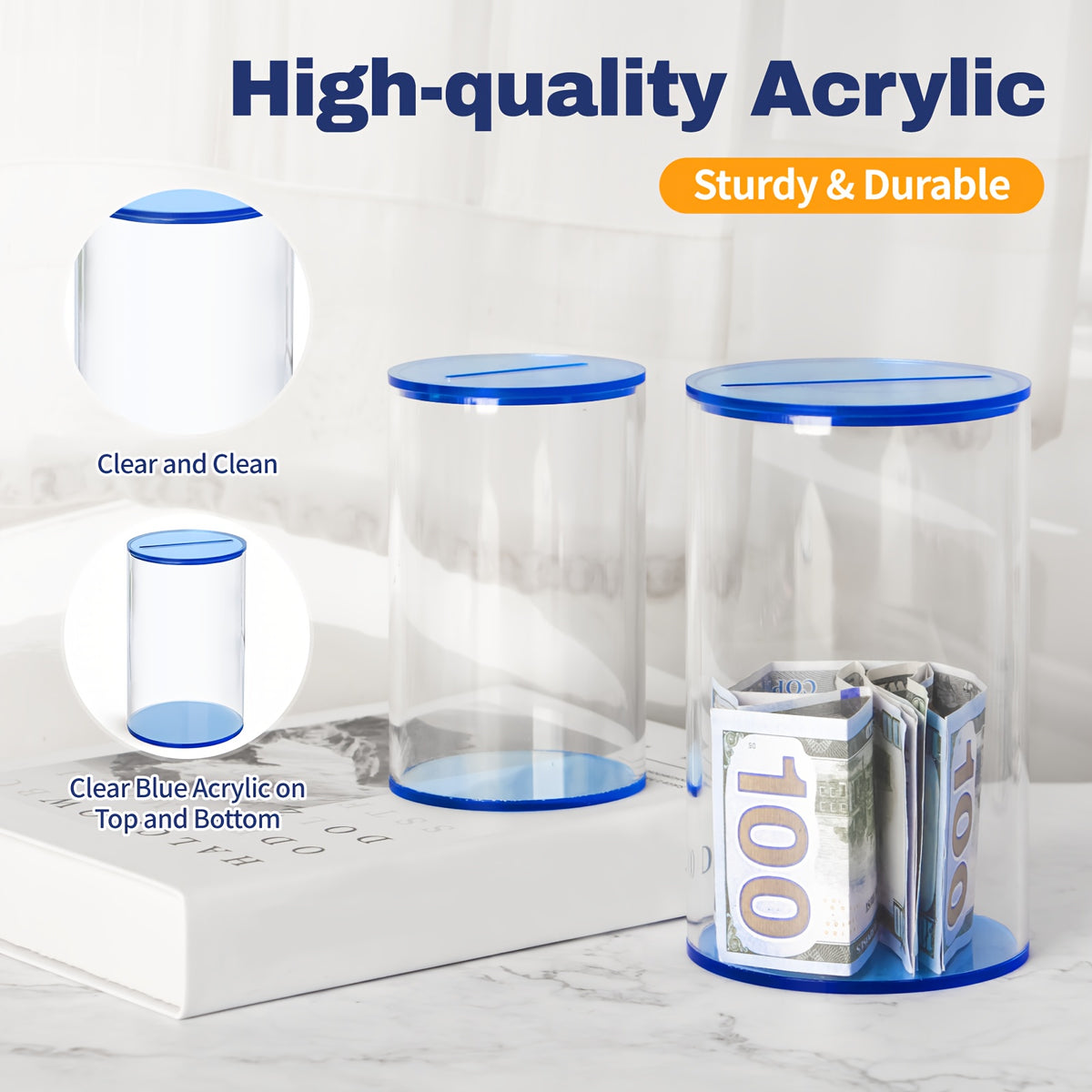 Tirelire tube acrylique limpide, socle et couvercle